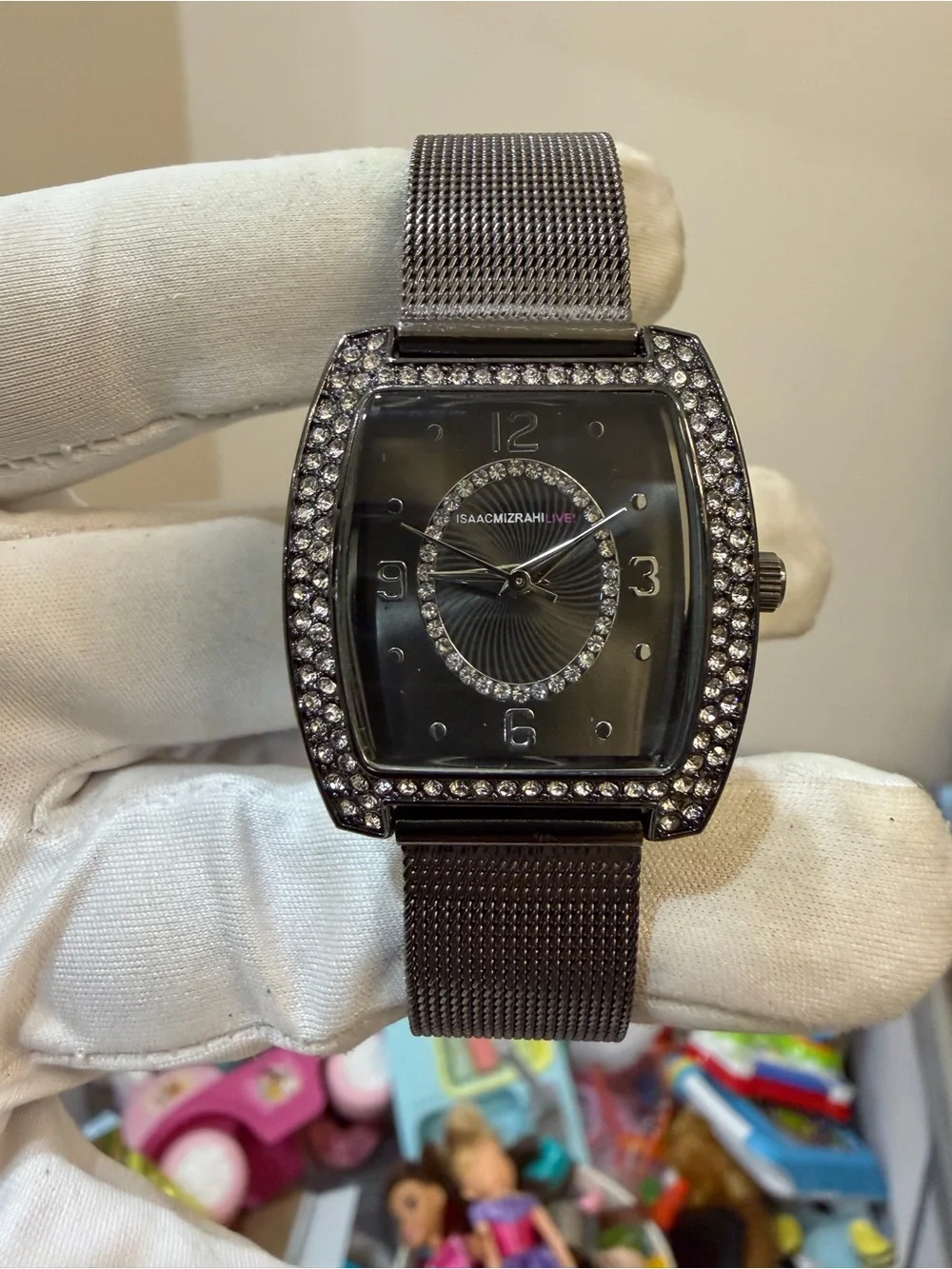 Isaac Mizrahi Live IMZ748 Womens Gunmetal Tonneau Crystal Watch Mesh Band PC21